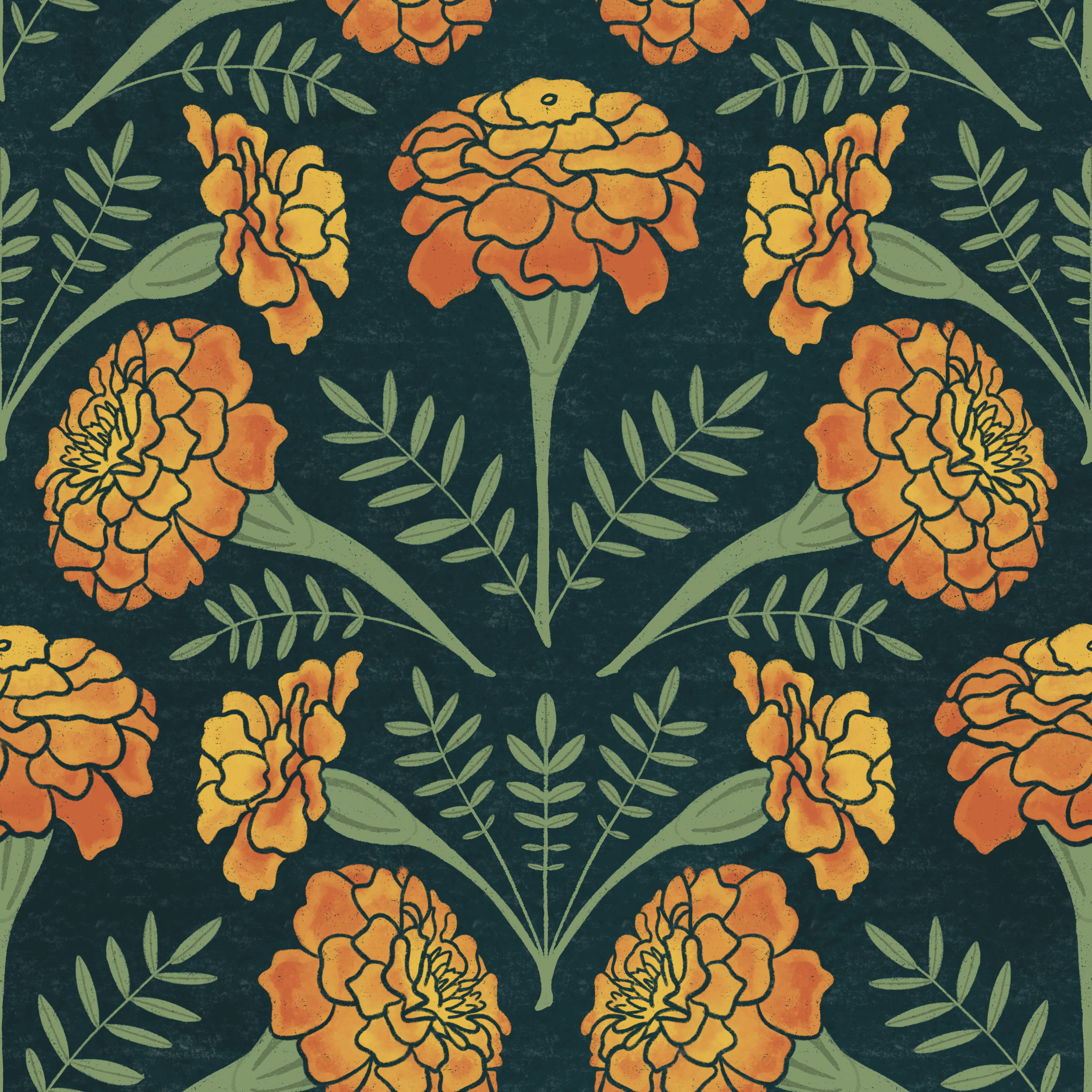 Pattern of orange and yellow marigold flowers with green leaves on a dark teal background