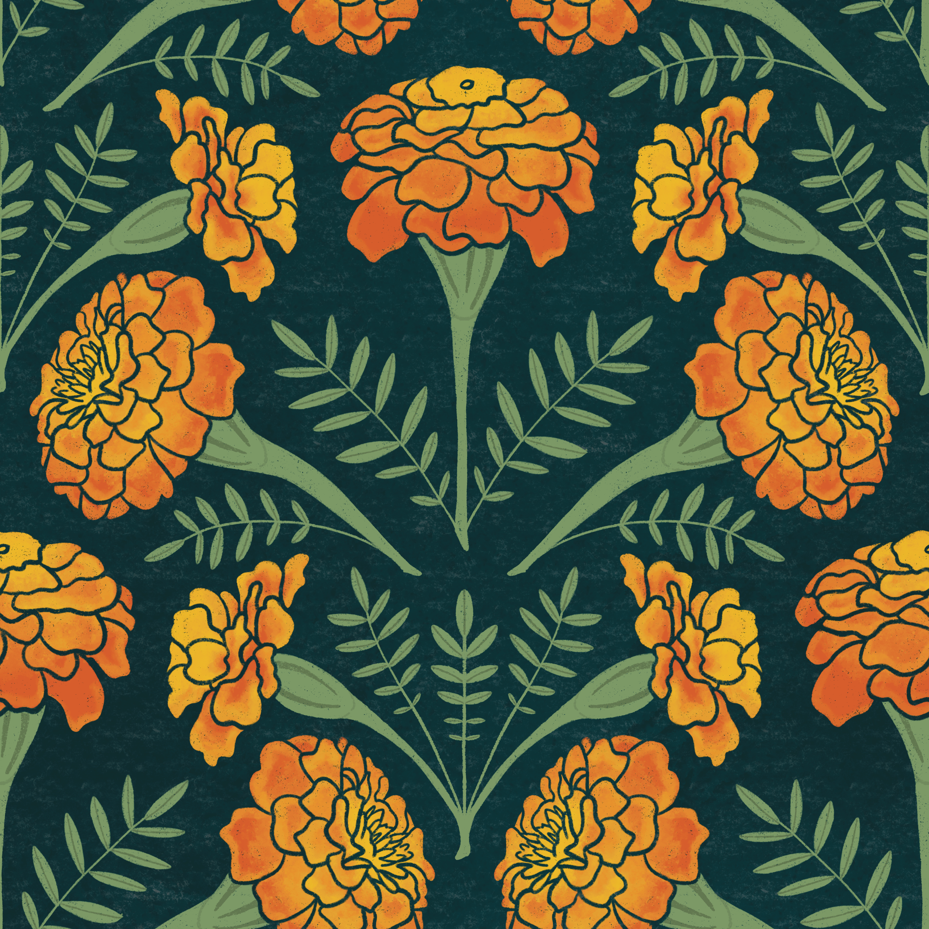 Pattern of orange and yellow marigold flowers with green leaves on a dark teal background