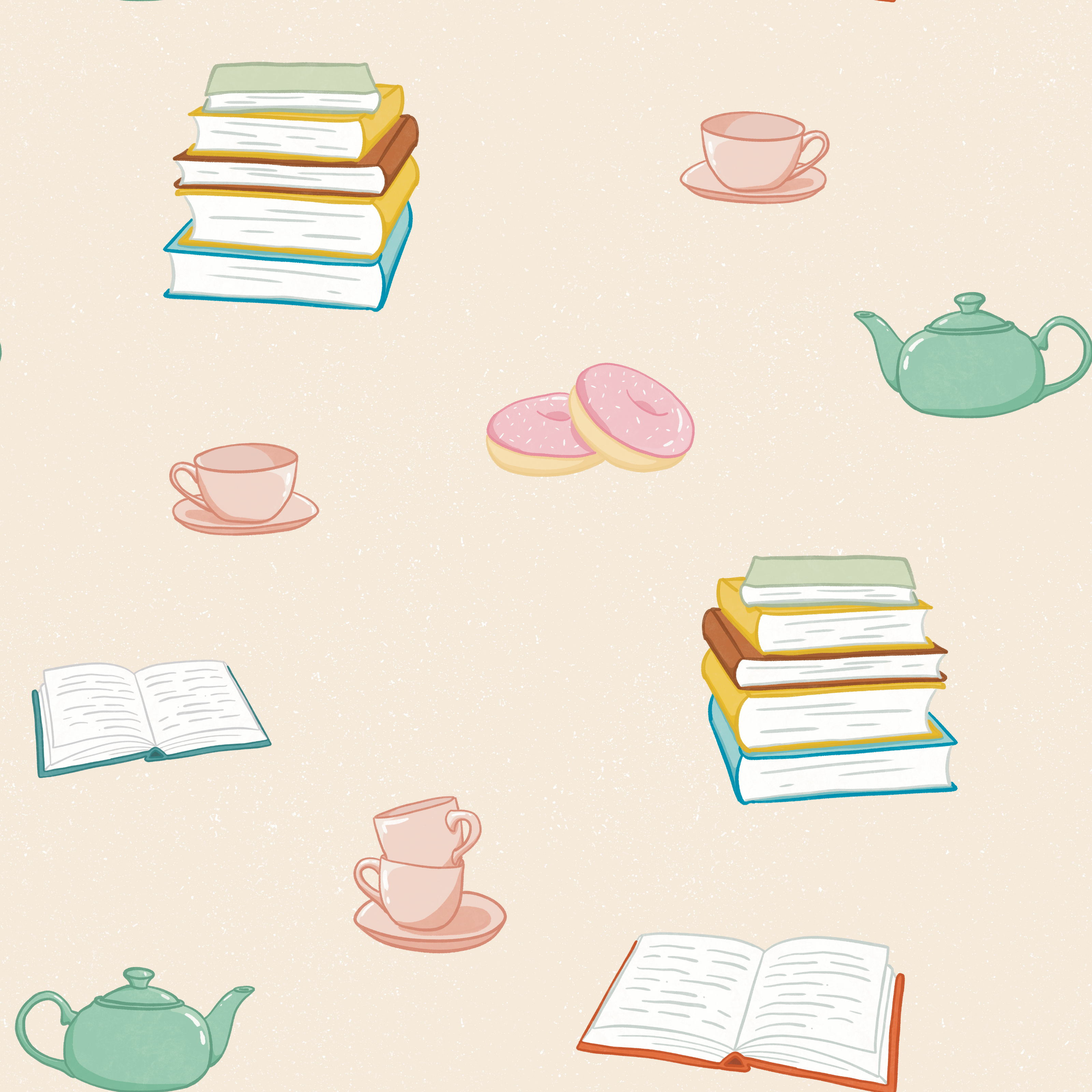 Illustrations of books, teacups, and teapots on a beige background