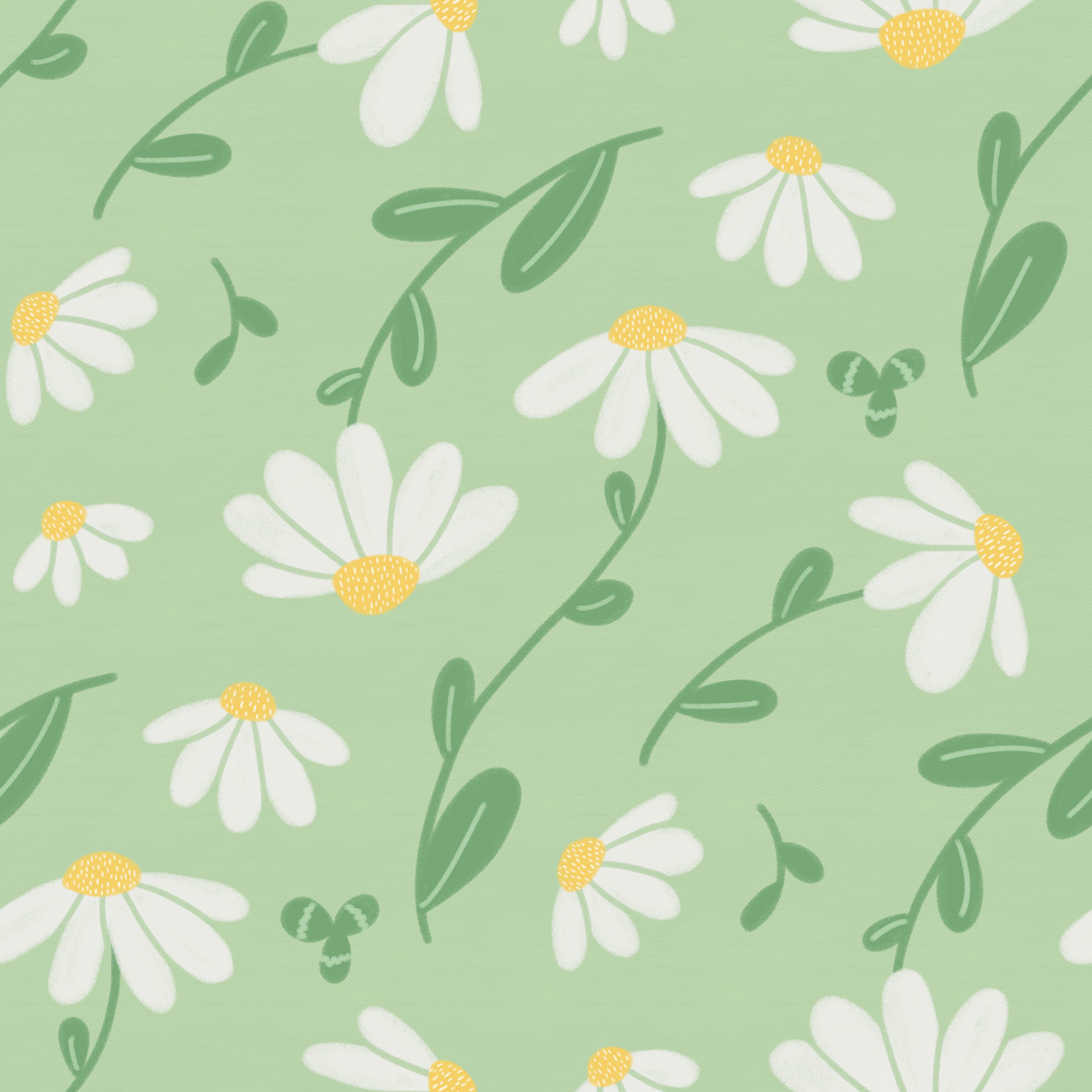 Pattern of white flowers with yellow centers on a green background